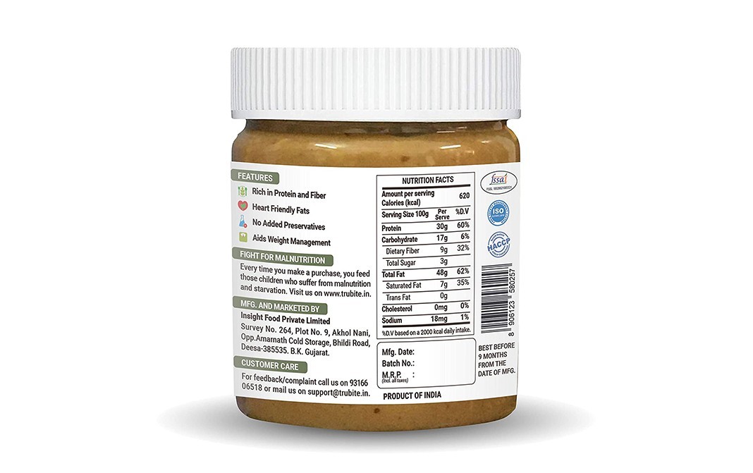 Trubite Natural Peanut Butter Crunchy Unsweetened   Plastic Jar  350 grams